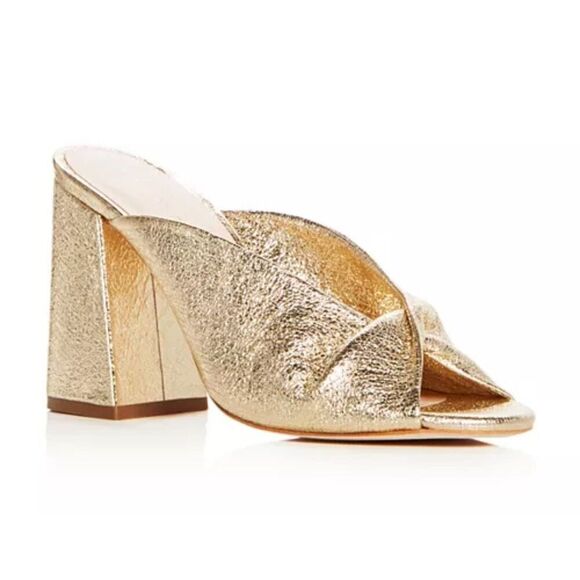 Loeffler Randall Women's Laurel Leather Flared Block Heel Gold Slide Sandals 6.5 - Picture 1 of 12